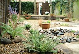 Low Maintenance back garden with pebble features and planting